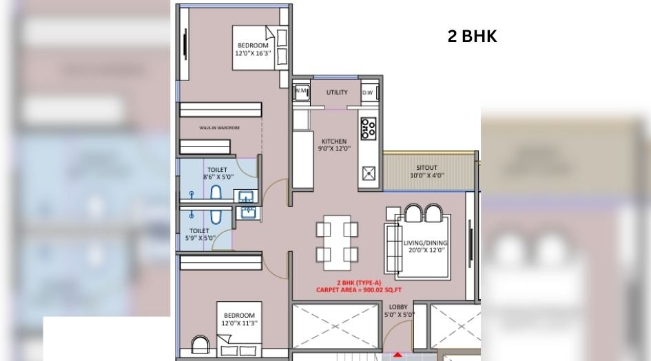 Greenest-Riviera-Vista-Floor-Plan-2 BHK-900 SQFT